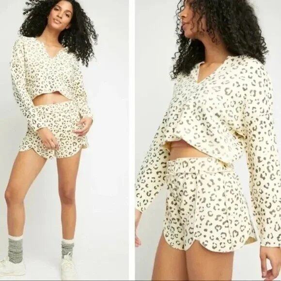Free People Raincheck Shorts Cream Banana Split Leopard Fleece Knit Pajama Short - Picture 5 of 10